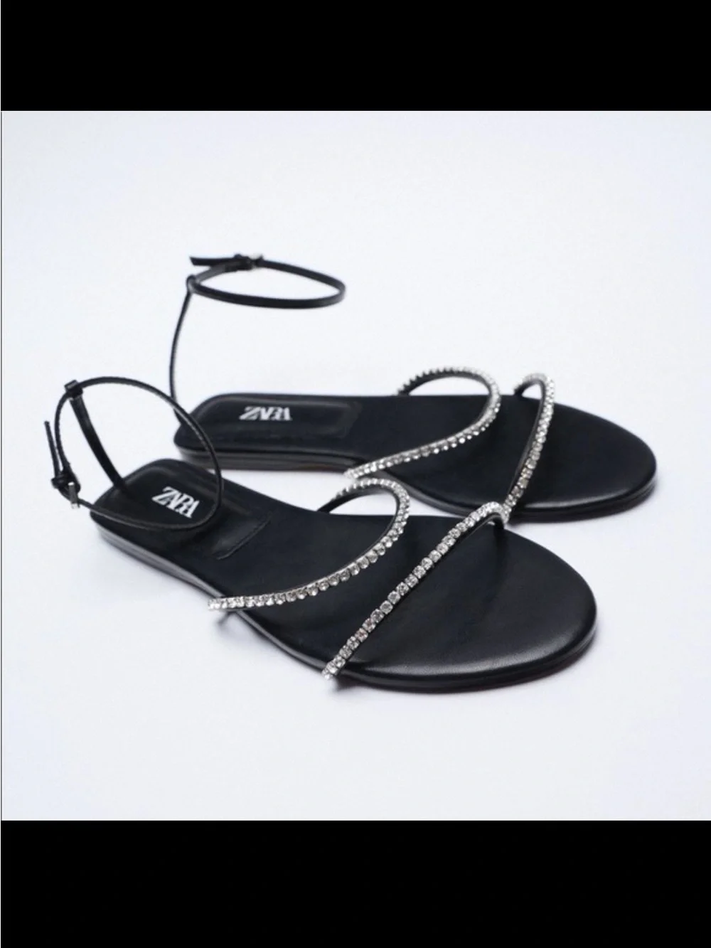 Zara Black Crystal-Strap Ankle-Secured Flat Sandals - Picture 1 of 6